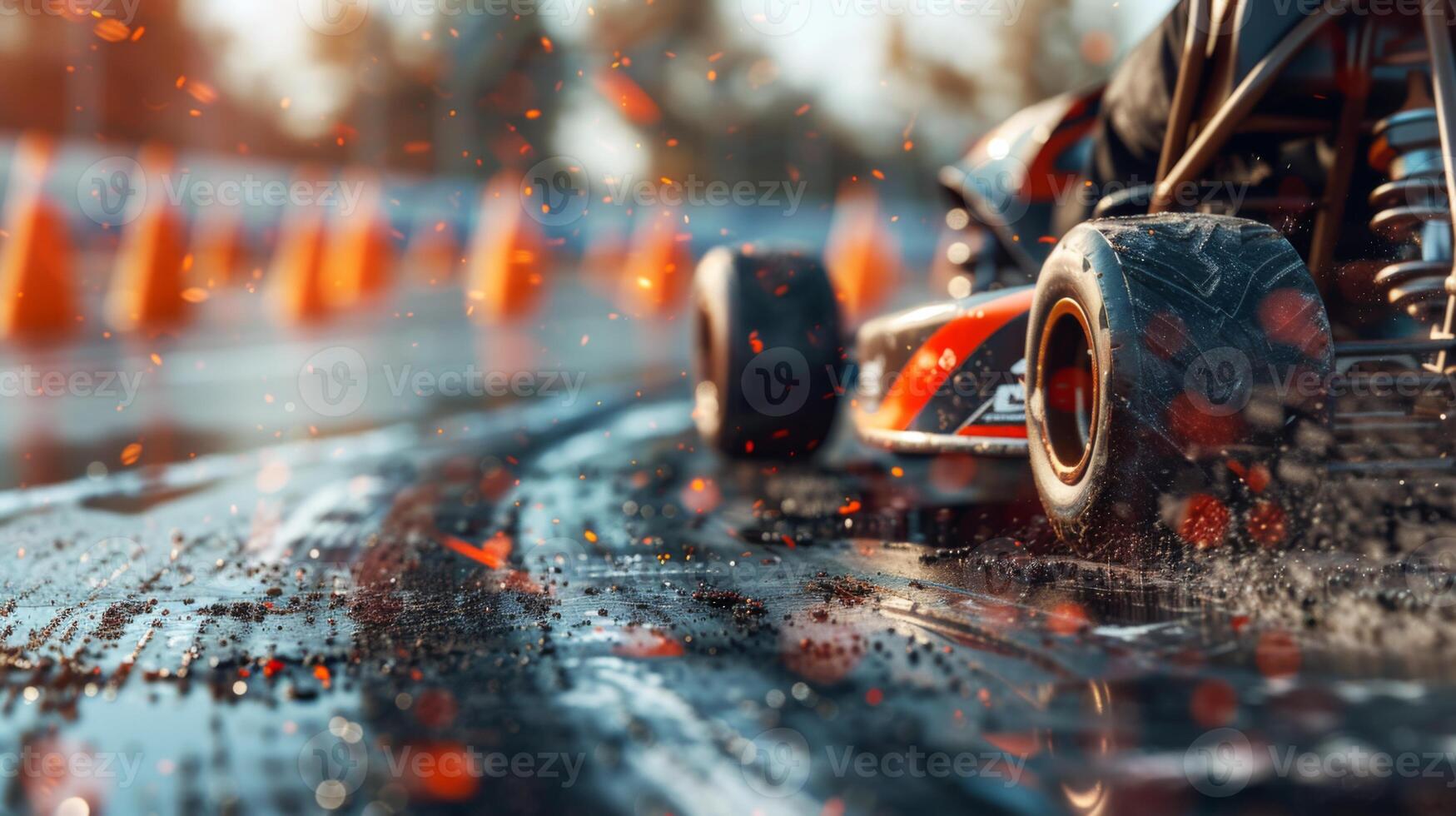 Exciting kart racing unfolds on a wet track illuminated by the warm glow of sunset. Tire spray and orange cones enhance the thrilling atmosphere of the competition. photo