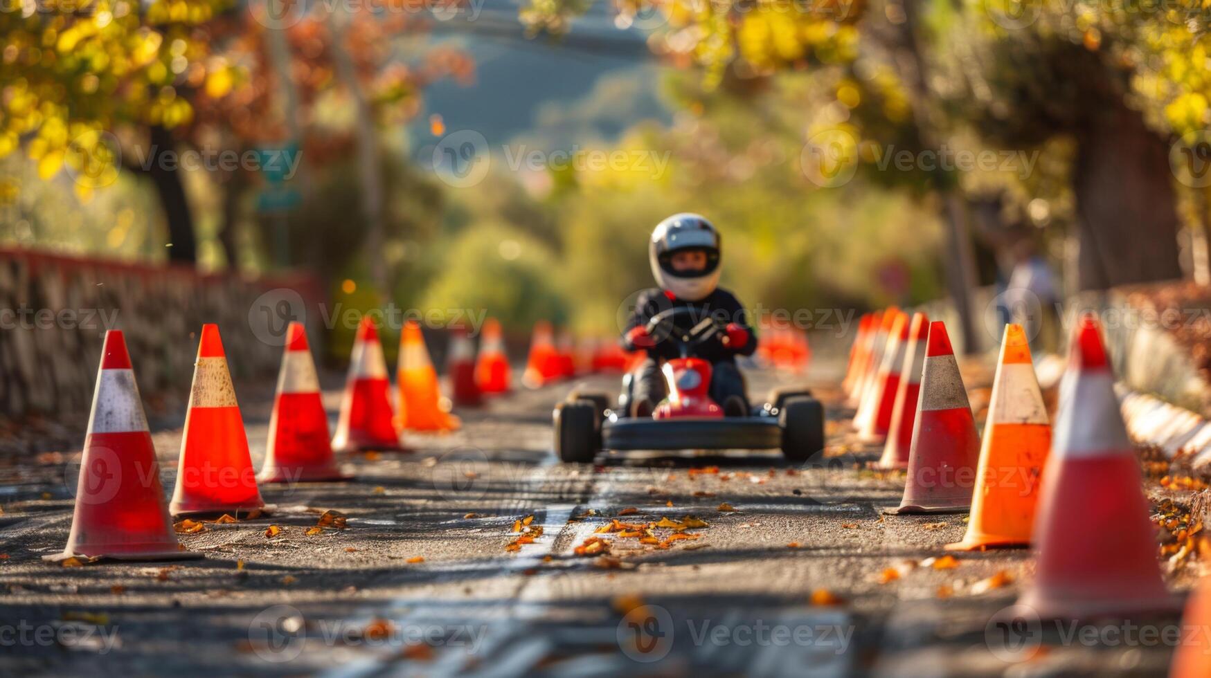 A child is driving a go kart on a winding track marked by bright orange traffic cones. Vibrant autumn foliage creates a colorful backdrop on a sunny day. photo