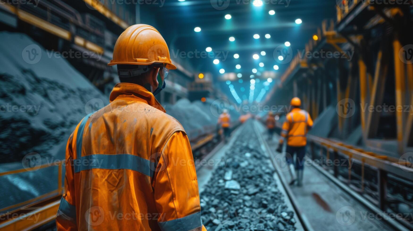 Workers in safety gear walk along railway tracks between piles of coal in a brightly lit coal mine, showcasing an active mining environment during the nighttime shift. photo