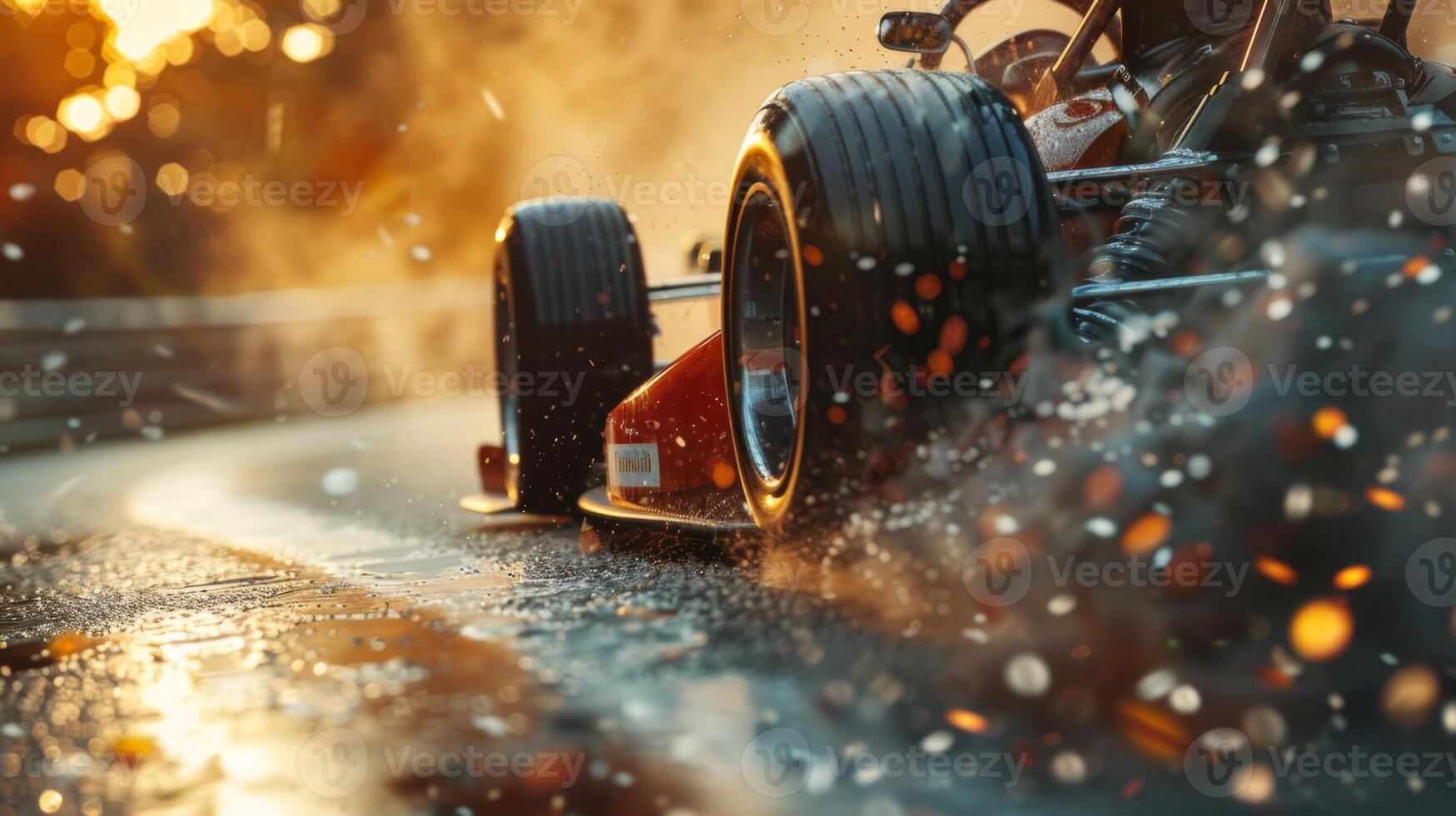 A racing car navigates a wet track, kicking up water and creating smoke as it accelerates. The sun sets in the background, adding a golden hue to the intense atmosphere. photo