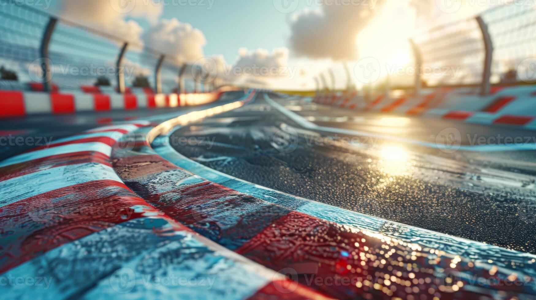 The sun rises over a curved racing track, illuminating the wet asphalt and creating reflections on the surface. The surrounding barriers enhance the motorsport atmosphere. photo