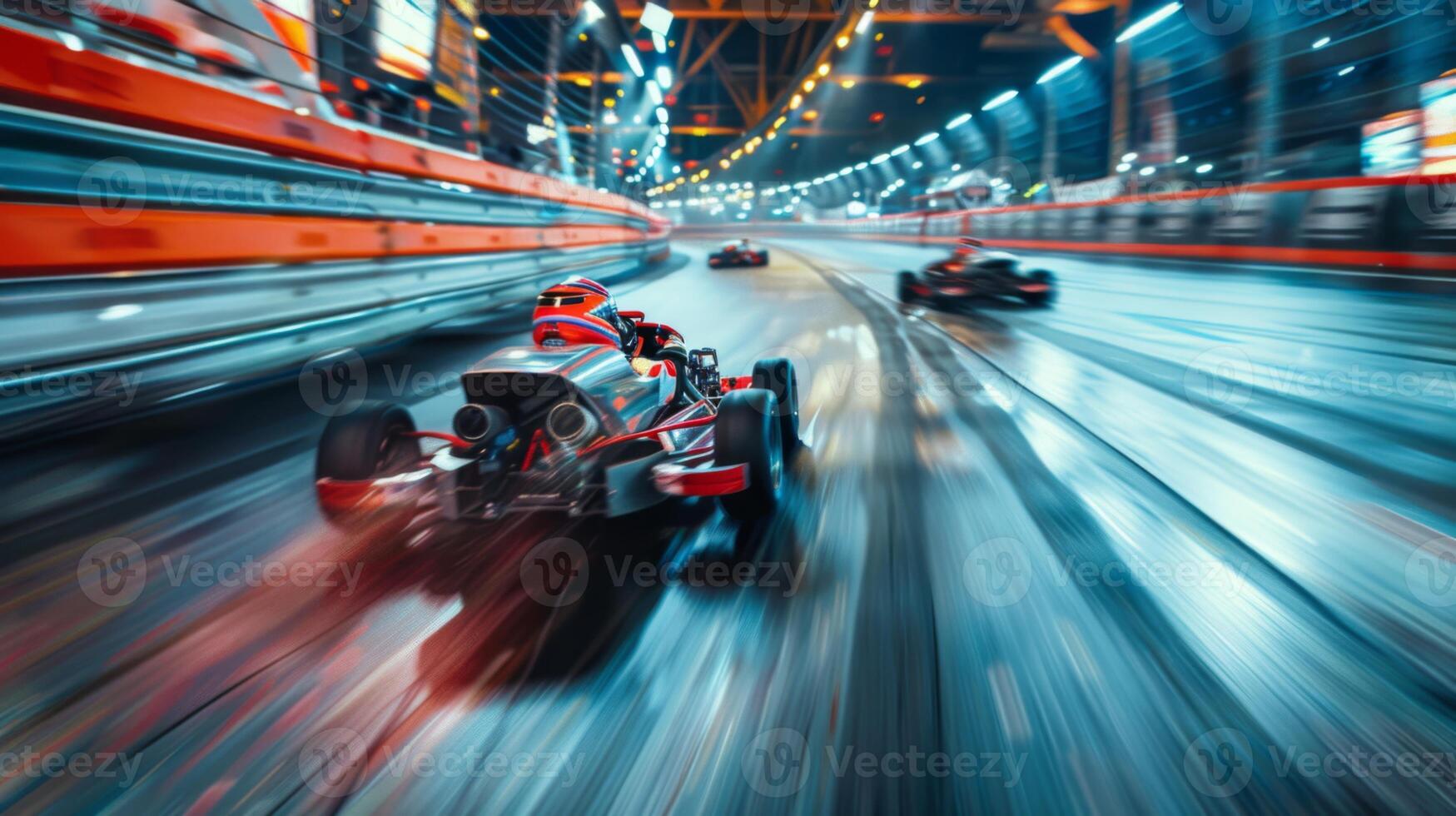 A thrilling kart racing event takes place on a brightly lit track under night skies. Competitors speed ahead, showcasing skill and excitement in every turn as the crowd cheers. photo