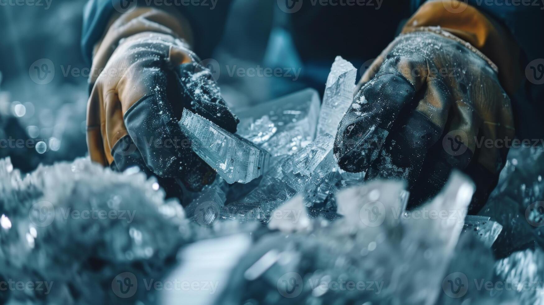 Hands wearing gloves skillfully manipulate large pieces of ice, showcasing the intricate texture and clarity of the crystals in a cold, icy setting. photo