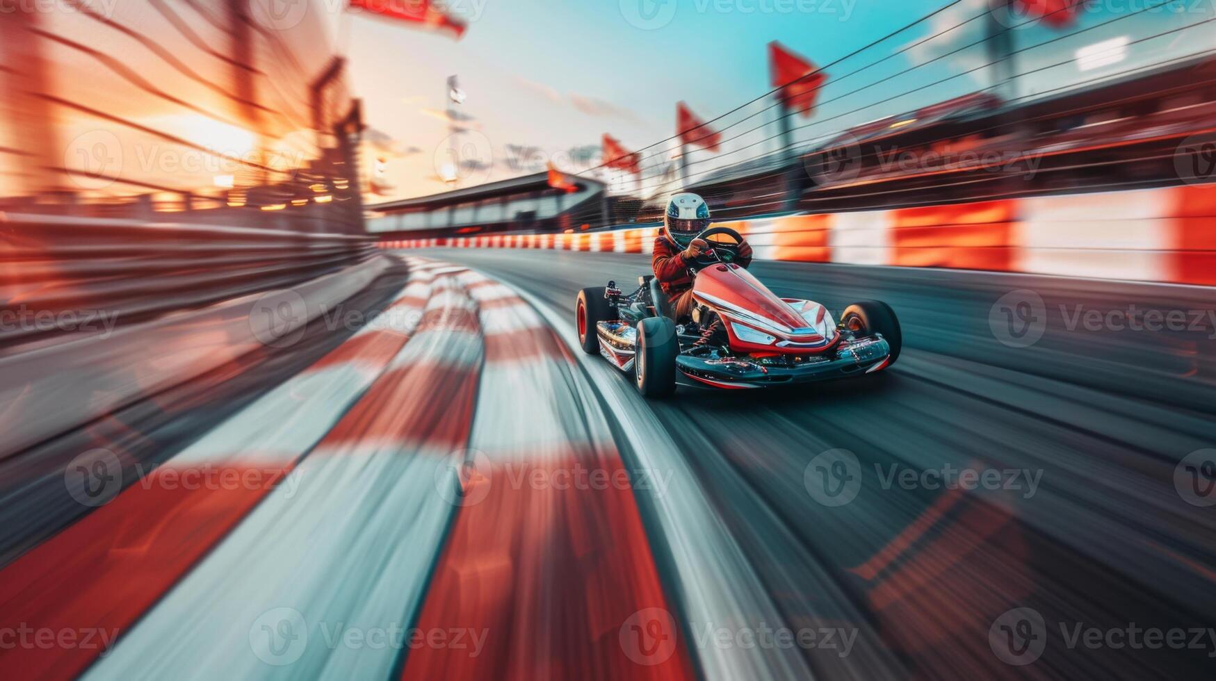 A go kart speeds along a winding track with red and white checkered patterns at sunset, creating a thrilling racing atmosphere infused with vibrant colors. photo