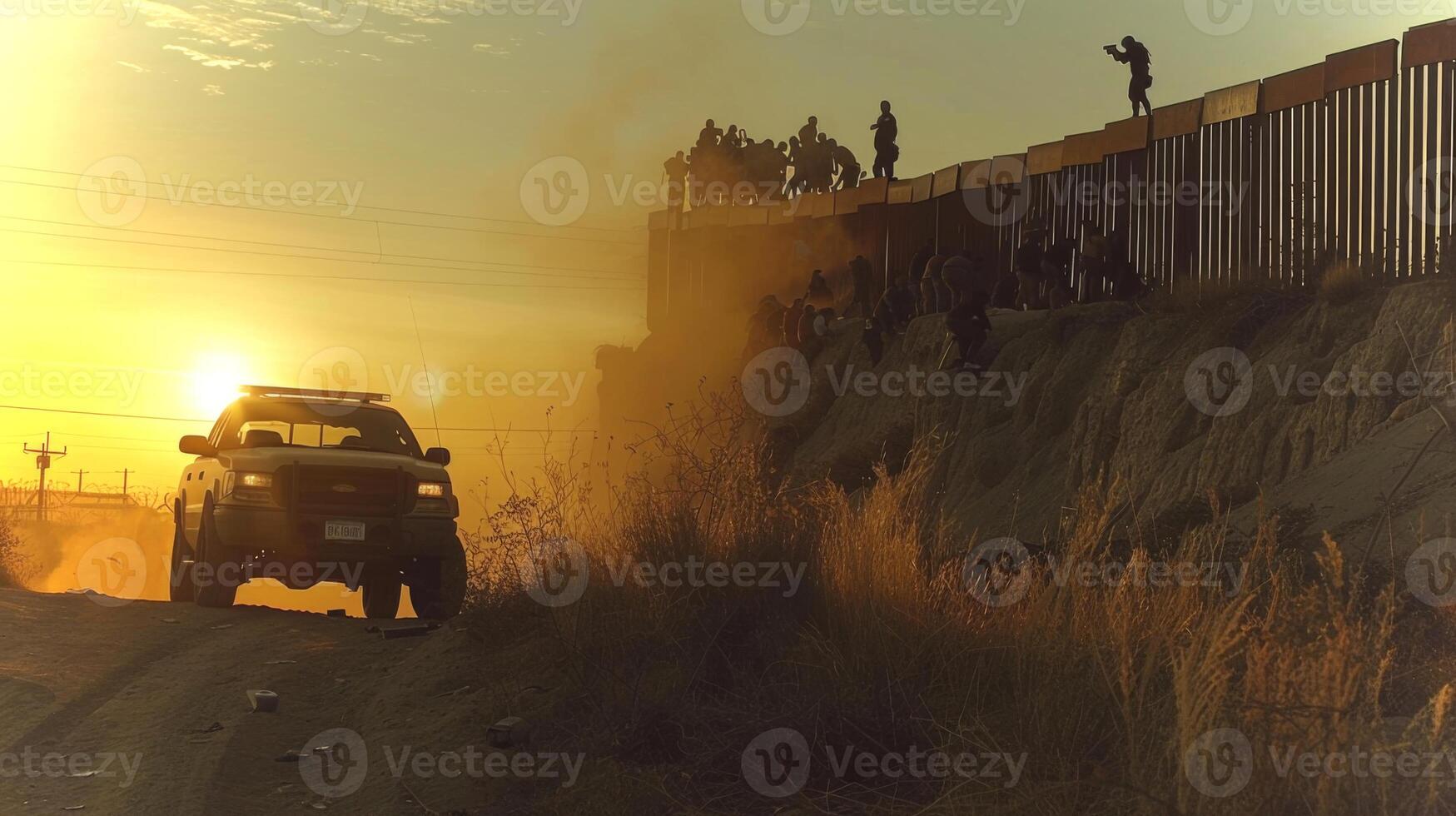 Under a vibrant sunset, border patrol agents observe from a height as a vehicle navigates the dusty terrain near the border wall, highlighting vigilance and activity at the border. photo