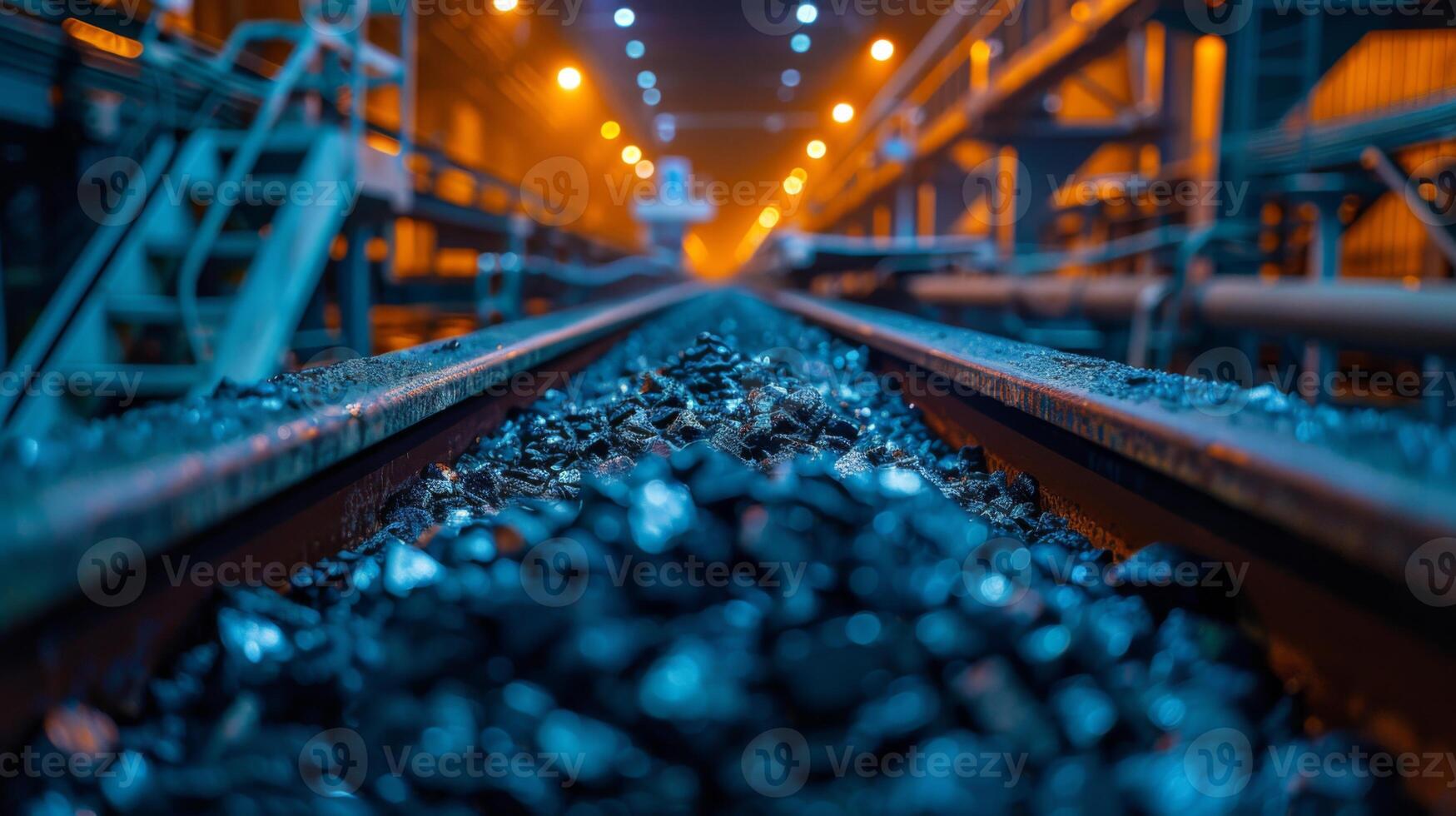 Coal is piled on railway tracks within a manufacturing facility, bathed in orange and blue industrial lighting, creating a striking visual effect in the evening. photo
