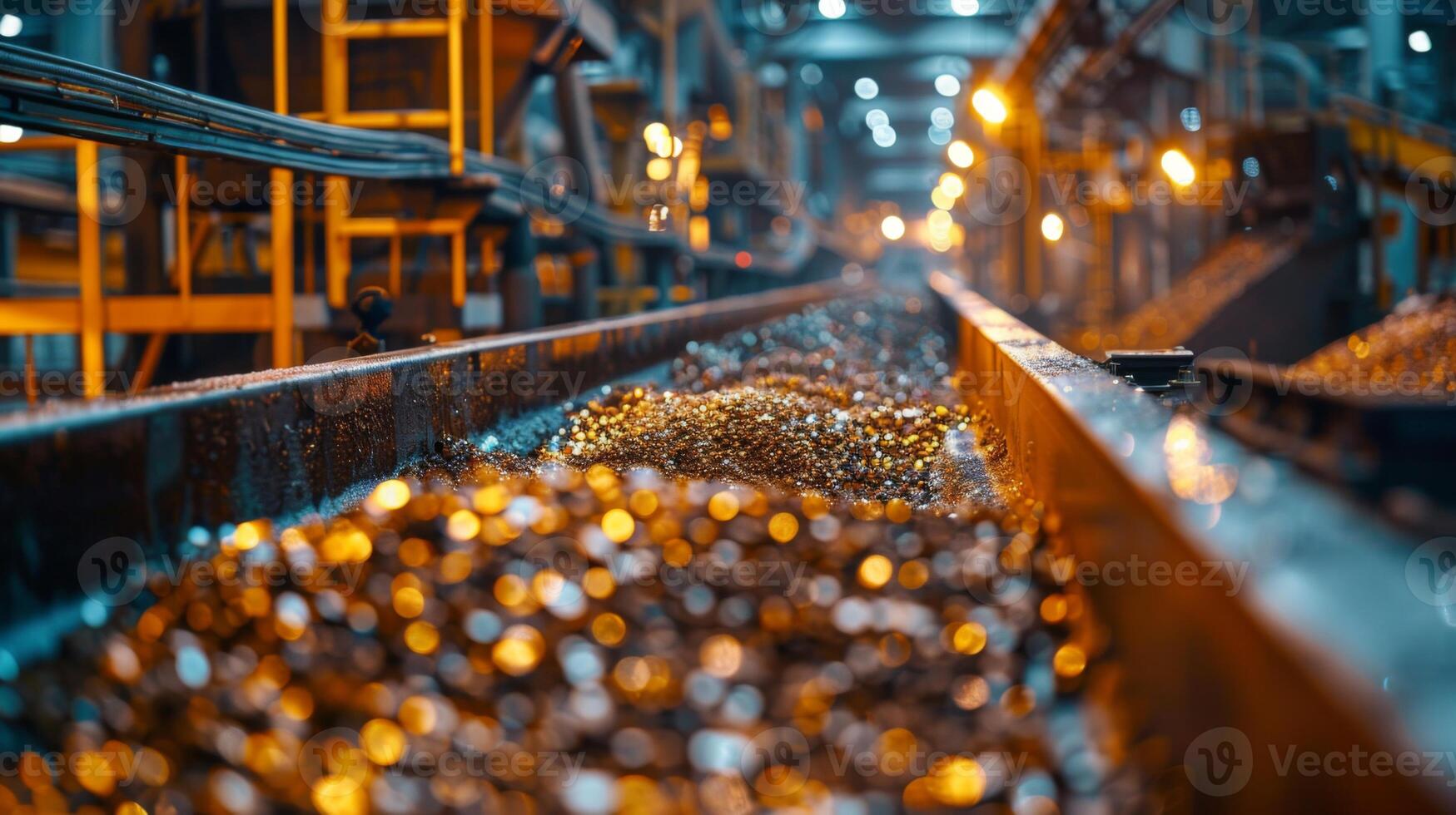 Shiny pieces of metal gleam on a conveyor belt in a factory as workers operate machinery, showcasing the industrial process during a brightly lit workday. photo