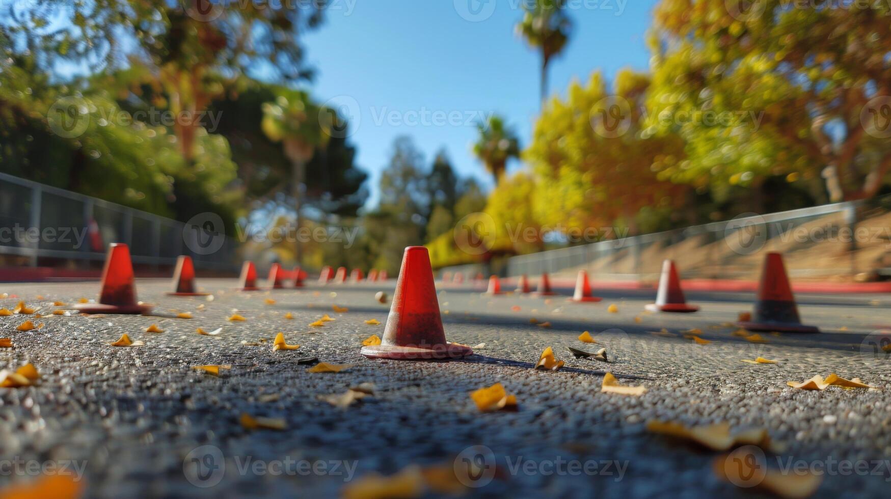 Traffic cones are scattered on a smooth park pathway covered with fallen leaves, surrounded by vibrant trees and a bright blue sky during a sunny autumn day. photo