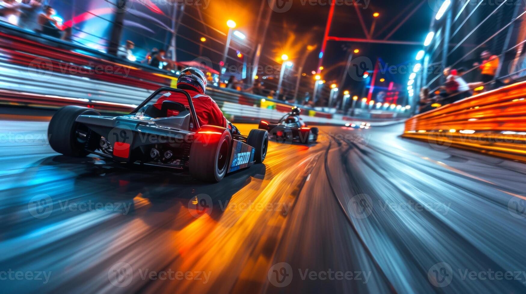 Two go karts speed around a brightly lit track during a thrilling night racing event, surrounded by spectators enjoying the electrifying atmosphere and excitement of the competition. photo