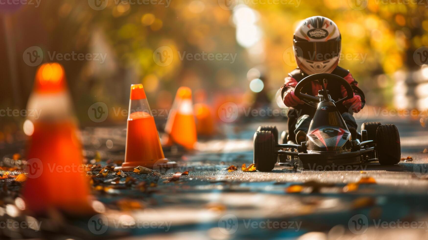 A young child in a black and pink kart races on a winding path lined with orange cones, surrounded by colorful fall foliage under a bright sky. photo