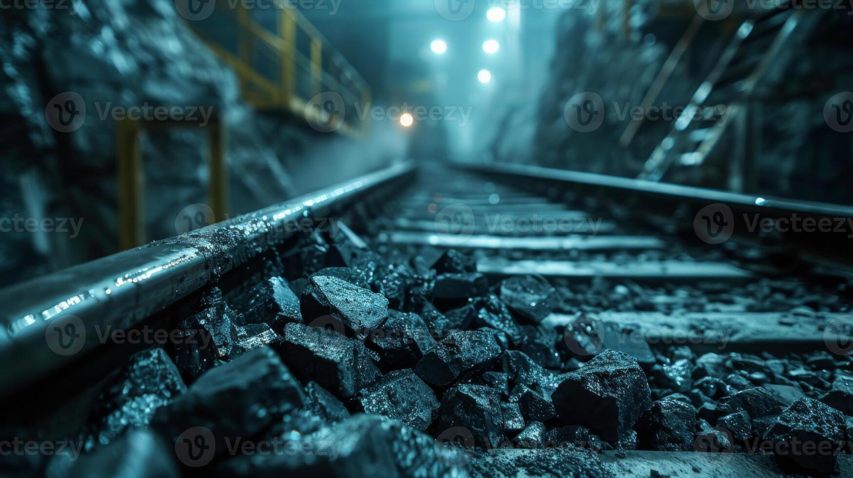 Coal dust covers the railway track leading into a dark tunnel where mining activities continue. The atmosphere is thick with moisture and low light enhances the industrial environment. photo