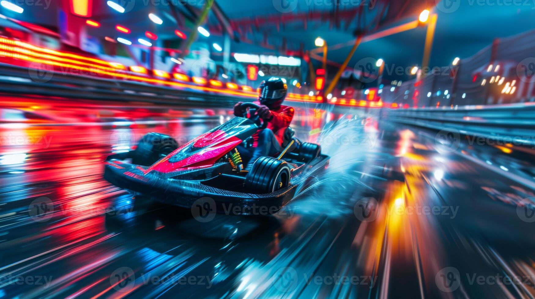 A racer skillfully maneuvers a go kart on a slick, wet track surrounded by colorful lights and reflections at night in a lively city atmosphere. photo