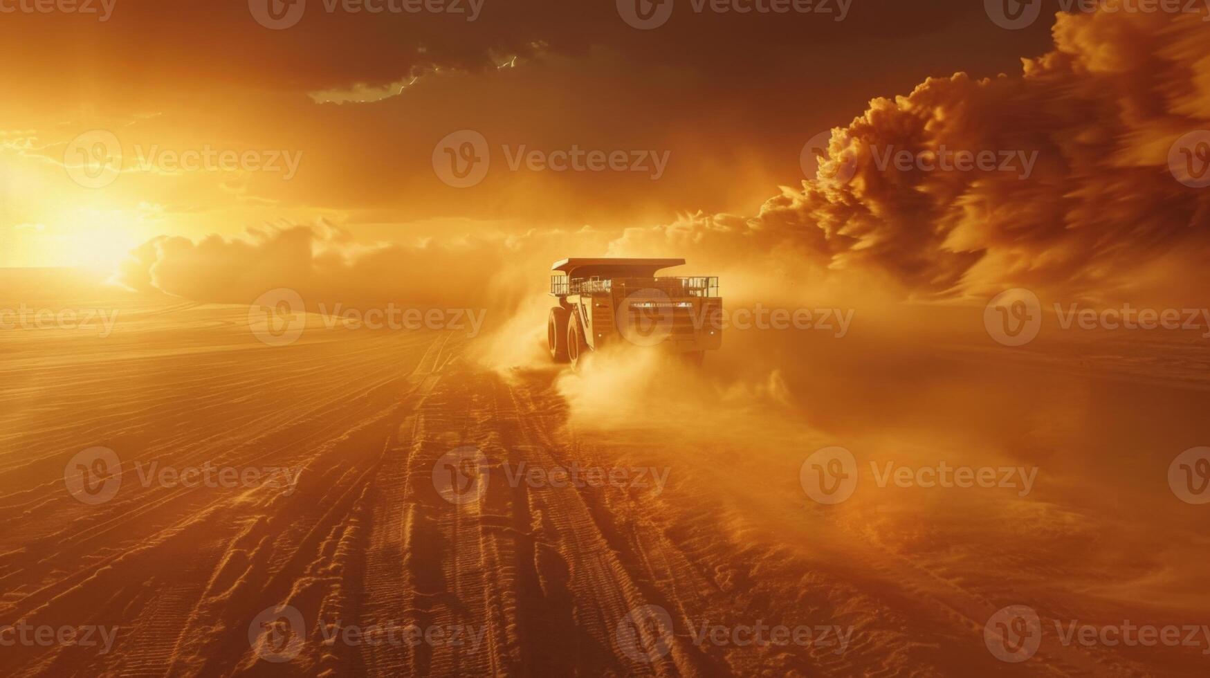 A powerful dust storm engulfs the landscape as heavy machinery moves steadily through the swirling sand, highlighting the intense conditions at sunset in a deserted area. photo