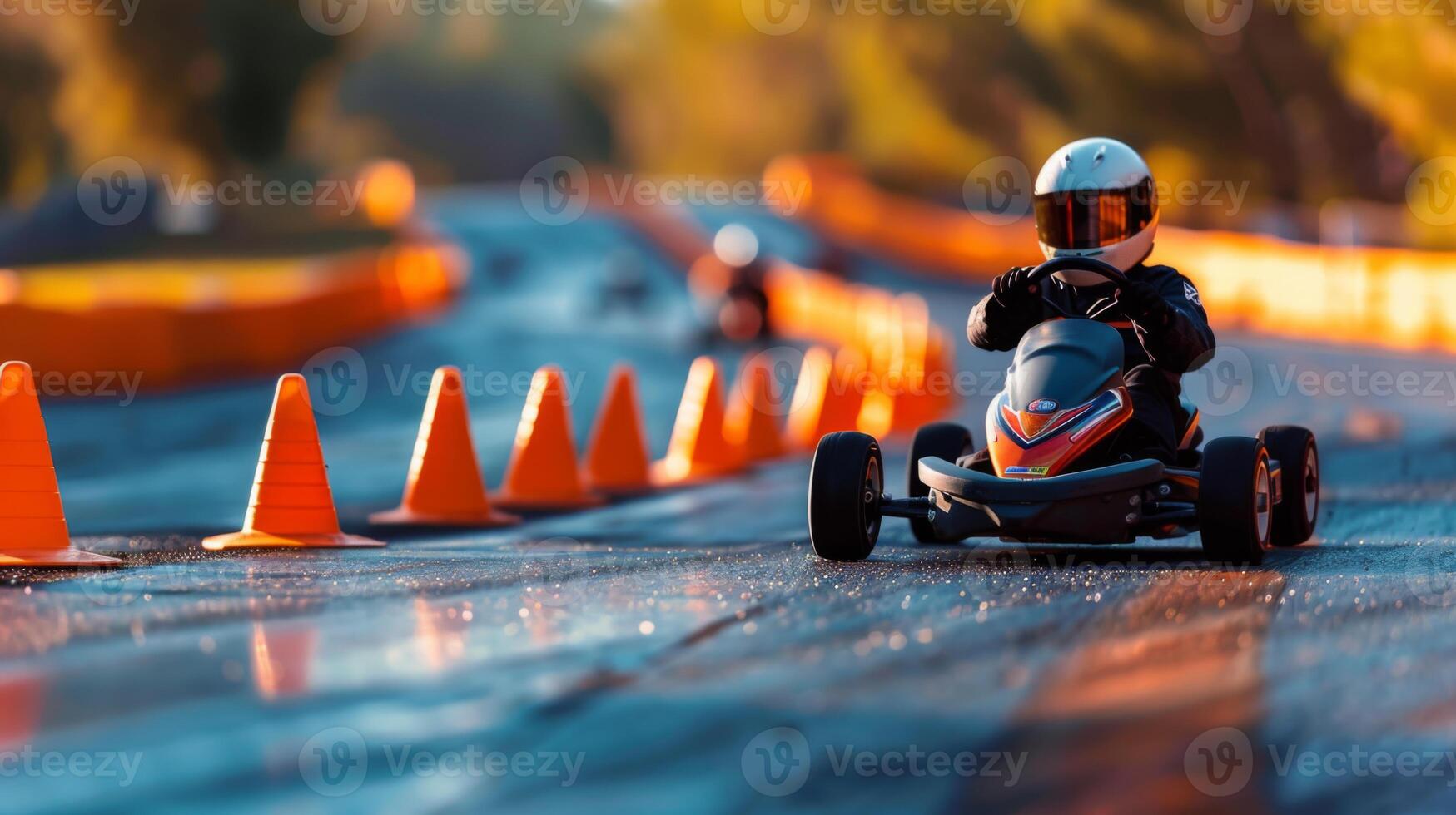 Young racers navigate a winding track marked with orange cones under a warm afternoon sun, showcasing their skills and determination in go karting. photo