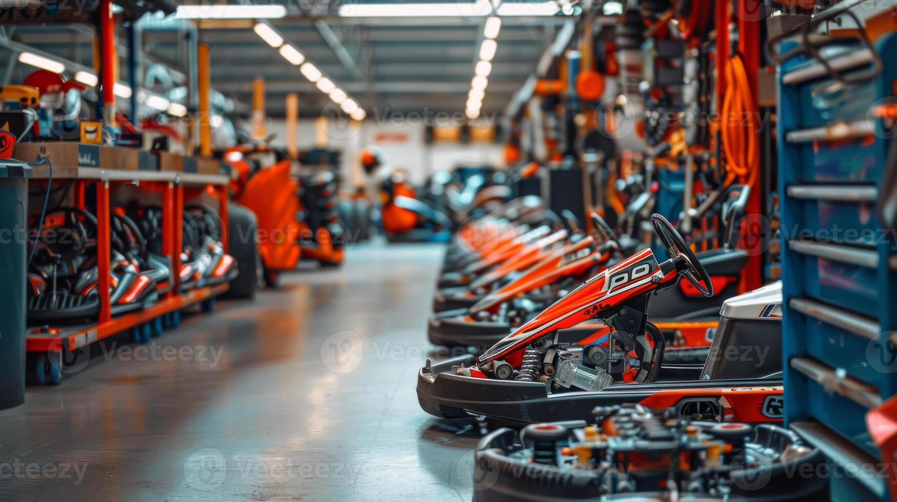 A row of go karts waits in a well equipped racing workshop, illuminated by bright overhead lights. Mechanics and enthusiasts prepare for a thrilling day on the track. photo