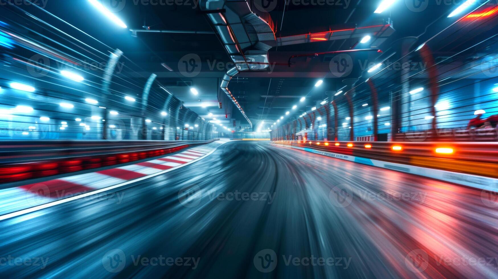 Bright lights illuminate the indoor racetrack as cars speed around the bend in a thrilling nighttime racing event, capturing the excitement of motorsport fans nearby in a modern facility. photo