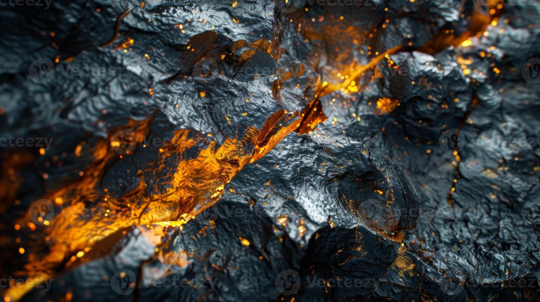 Bright orange lava streams traverse through dark volcanic rocks, showcasing the power of natural forces during a volcanic eruption, illuminated by glowing heat. photo