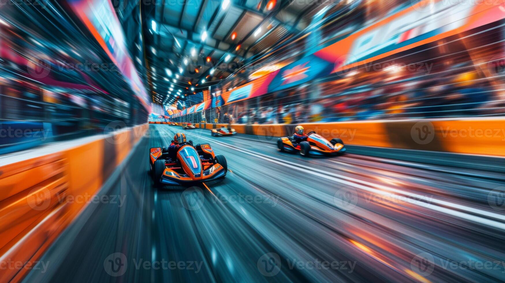Go karts race at lightning speed on a colorful indoor track with spectators cheering. The atmosphere is electric with excitement as competitors navigate sharp turns. photo
