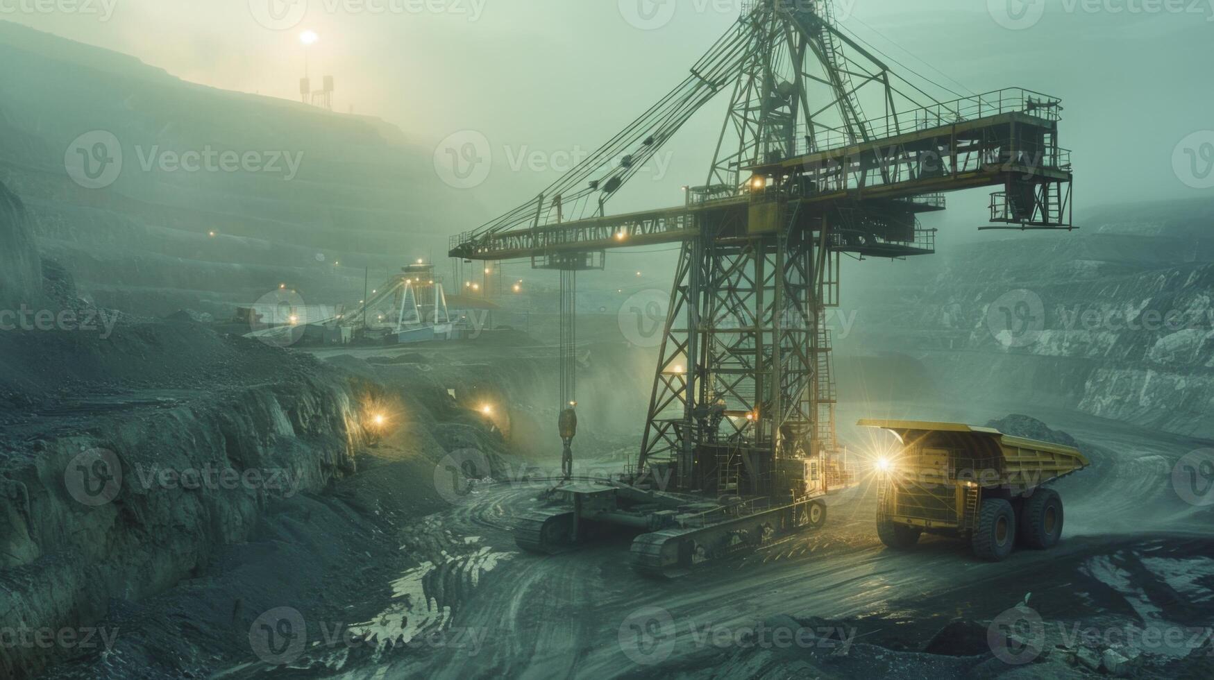 Large mining equipment works diligently at a quarry, illuminated by artificial lights amidst fog. The environment highlights the scale and effort of mineral extraction during dusk. photo