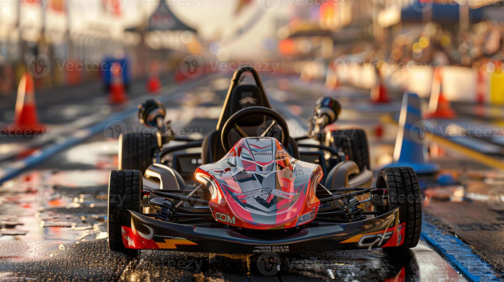 A go kart stands on a freshly wet racing track, illuminated by vibrant lights while orange cones line the lanes. The atmosphere is electric with anticipation for the upcoming races. photo