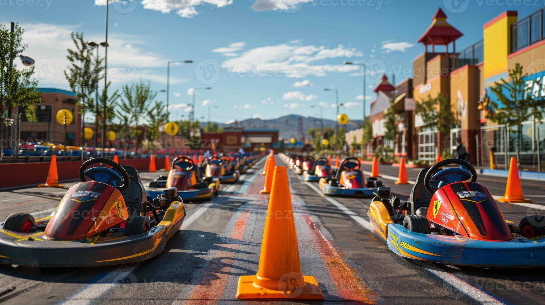 Go karts line up along a colorful racing track, surrounded by orange cones and a lively shopping area, showcasing a sunny day with clear blue skies and distant mountains in the background. photo