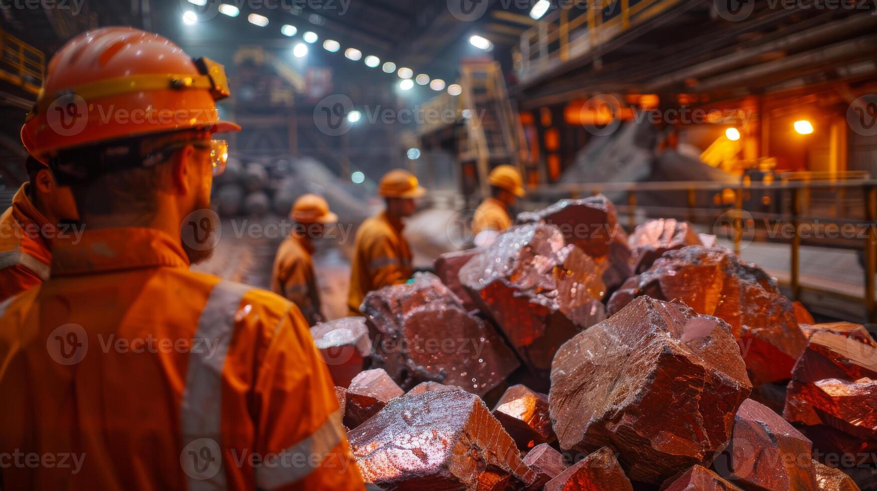 Miners dressed in safety gear gather around large iron ore piles inside an underground mining facility, focused on their task in low light conditions. photo