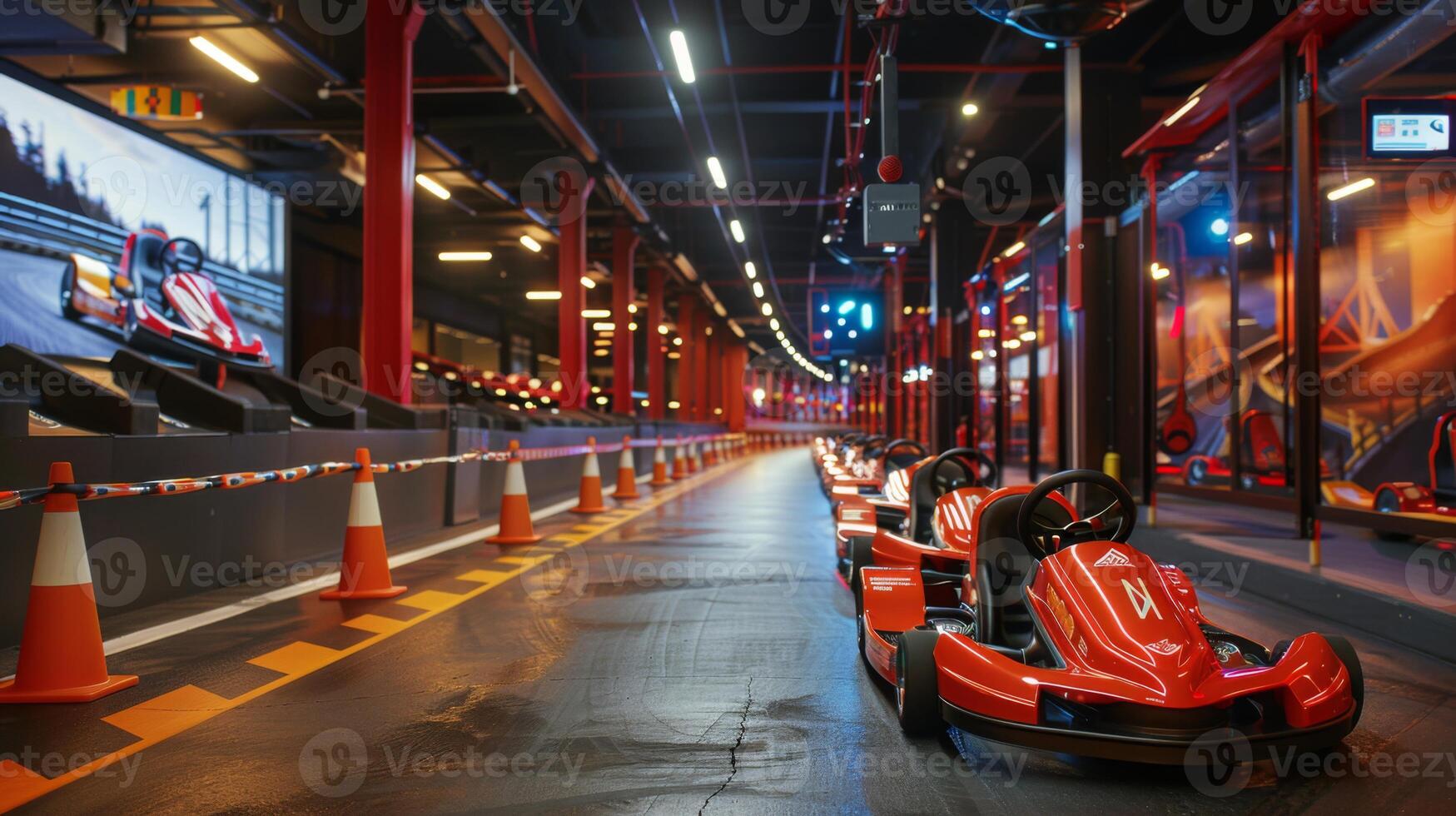 Excitement fills the indoor go kart racing arena as vibrant red karts line the track under bright lights, providing an exhilarating experience for racing enthusiasts at night. photo