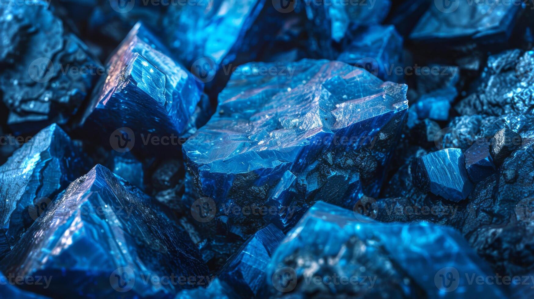 Vibrant blue mineral crystals are nestled among dark rocks, reflecting light with sparkling surfaces, showcasing intricate patterns and colors in a geological landscape. photo
