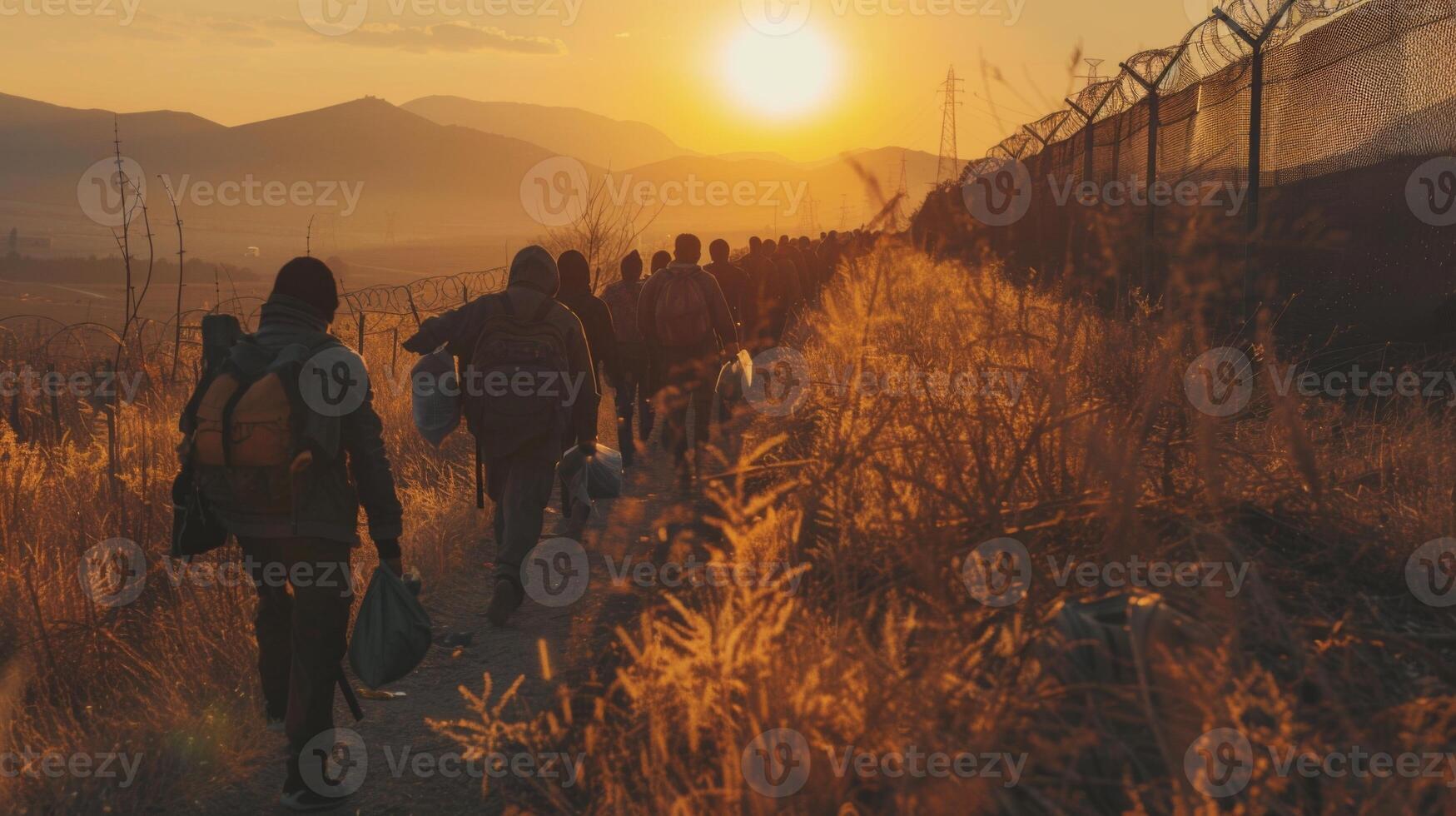 Numerous individuals are trekking along a rugged trail as the sun sets in the background, casting warm hues over the landscape and emphasizing the challenges of their journey. photo