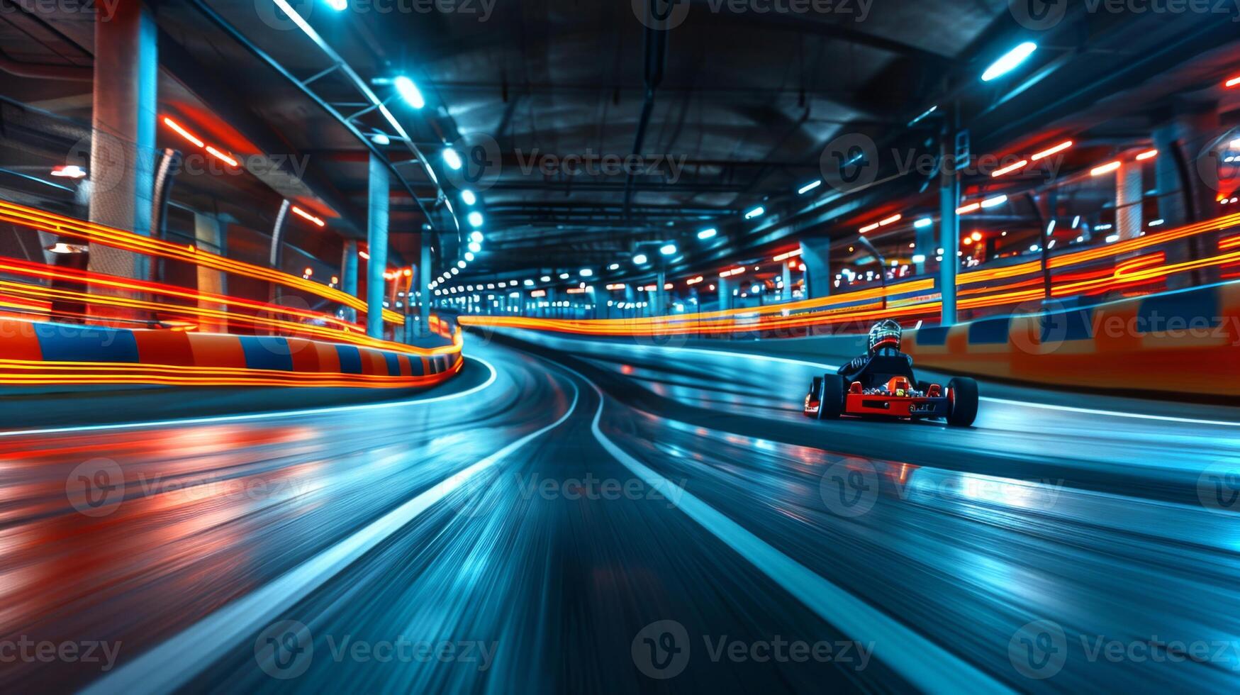 Go kart racing takes place on an illuminated indoor track, showcasing bright neon lights and a skilled driver navigating the winding curves at high speed. photo