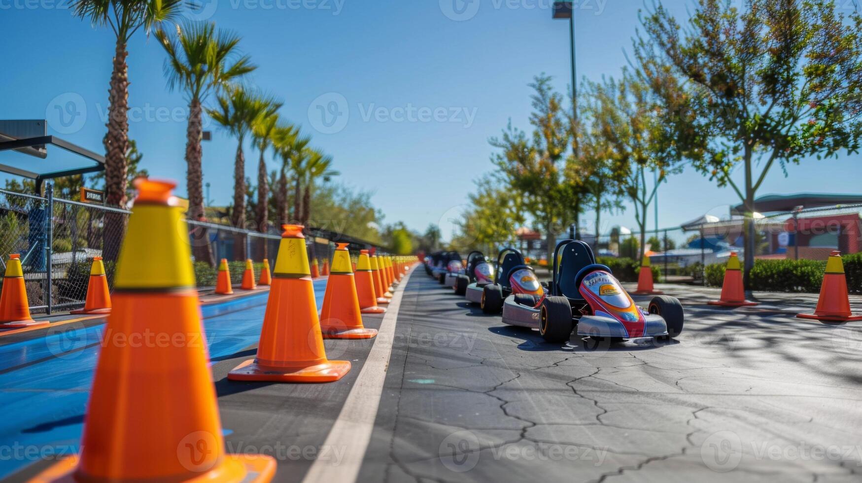 A lively group of children races go karts on a sunny day, navigating a winding track surrounded by palm trees and brightly colored safety cones. photo