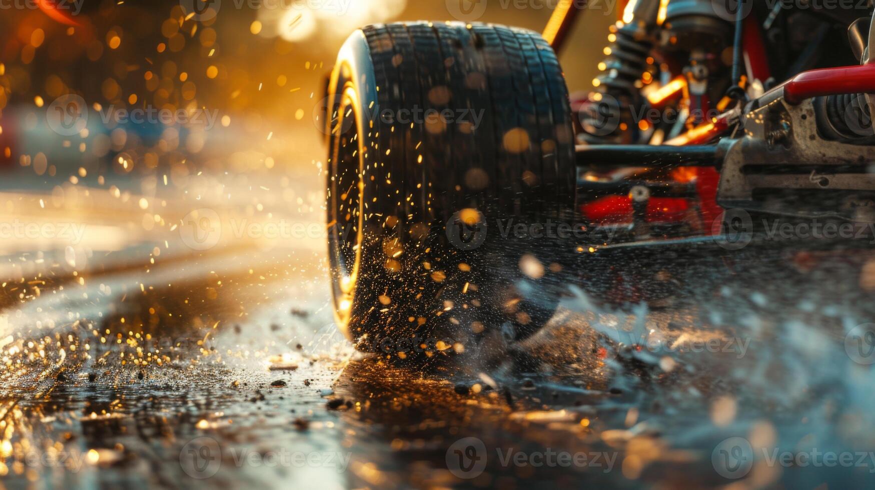 A racing kart accelerates through puddles, sending water splashing into the air against a backdrop of a vibrant sunset. The moment captures excitement and movement. photo