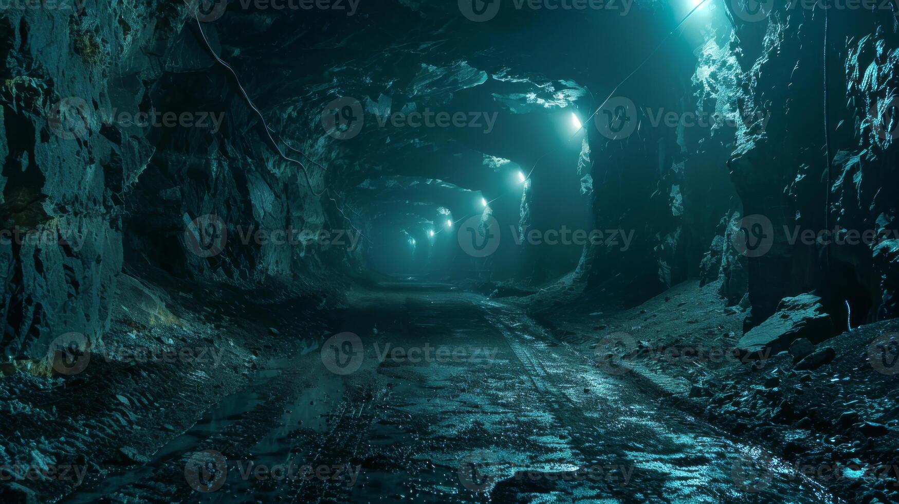 A mine tunnel is illuminated by blue lights, creating a mystical atmosphere. The wet ground reflects the light, enhancing the mysterious ambiance of the underground setting at night. photo