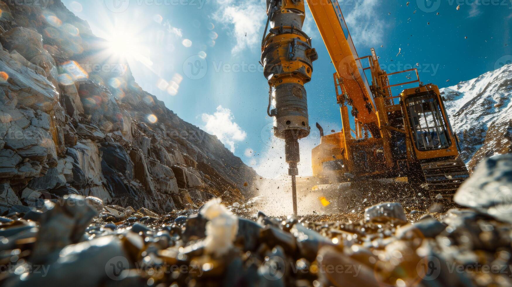 A large drilling machine works vigorously on a rocky surface, sending dust and debris flying into the air while sunlight glints off nearby mineral deposits, highlighting mountain excavation. photo