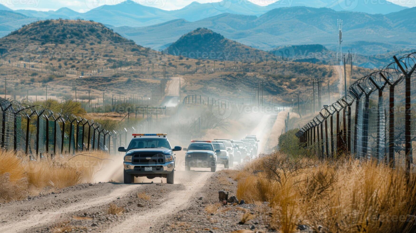 Multiple law enforcement vehicles travel along a dirt road beside a border fence in a remote desert landscape, with distant mountains and a clear blue sky overhead. photo