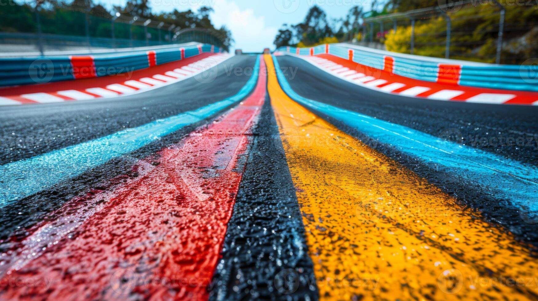 Vividly marked racing track surface showcases bright colors and smooth curves under a sunny sky, inviting thrilling motorsport activities and competitions. photo