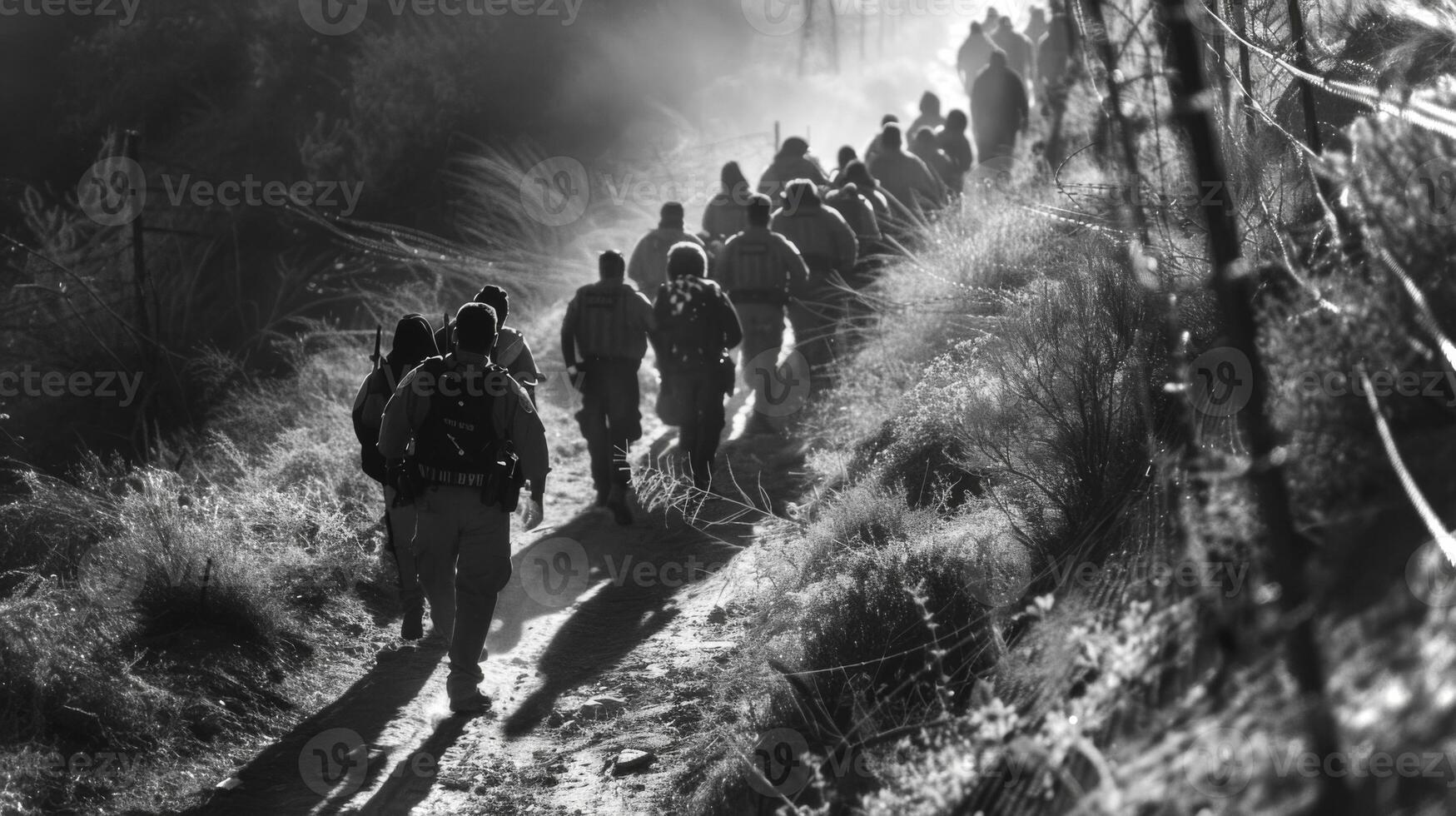A group of soldiers moves in formation along a narrow dirt pathway surrounded by rugged terrain and plants, with soft morning light illuminating their journey. photo