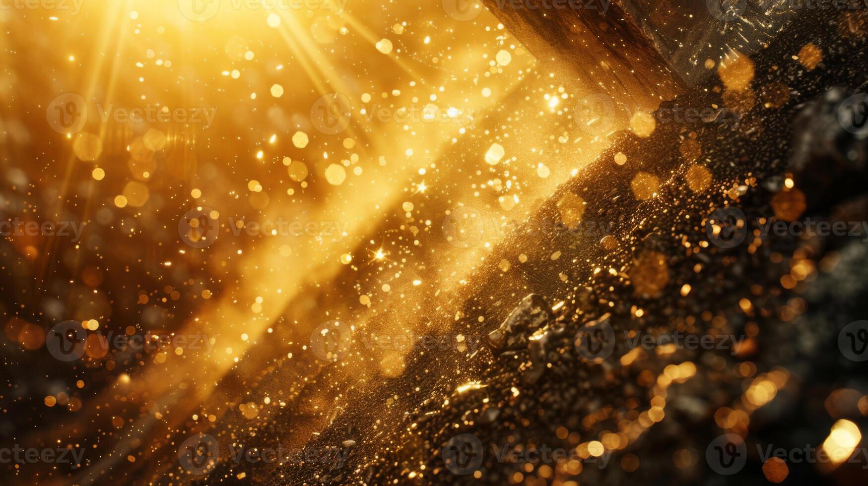 Sunlight cascades through the branches, creating a warm, golden glow that highlights dust particles drifting through the air, capturing a serene moment in the forest. photo