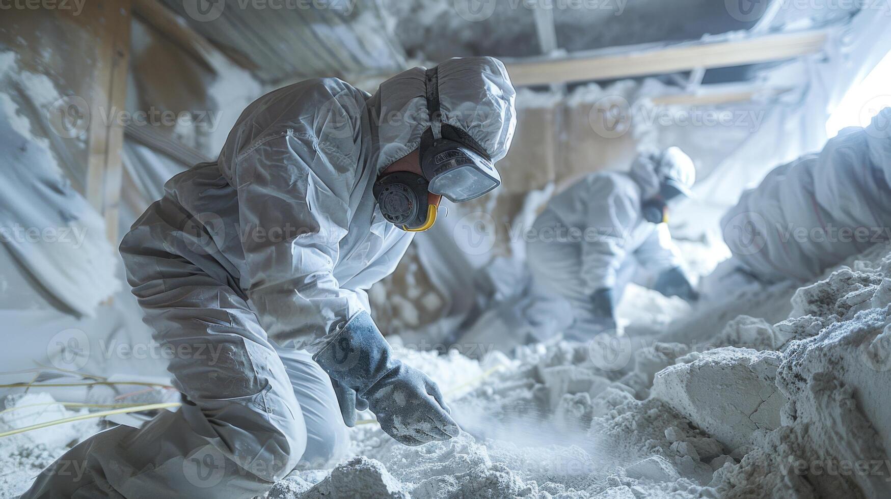 Two individuals in protective clothing are digging through a pile of white material inside a construction area, focusing on their task in a dust filled environment. photo