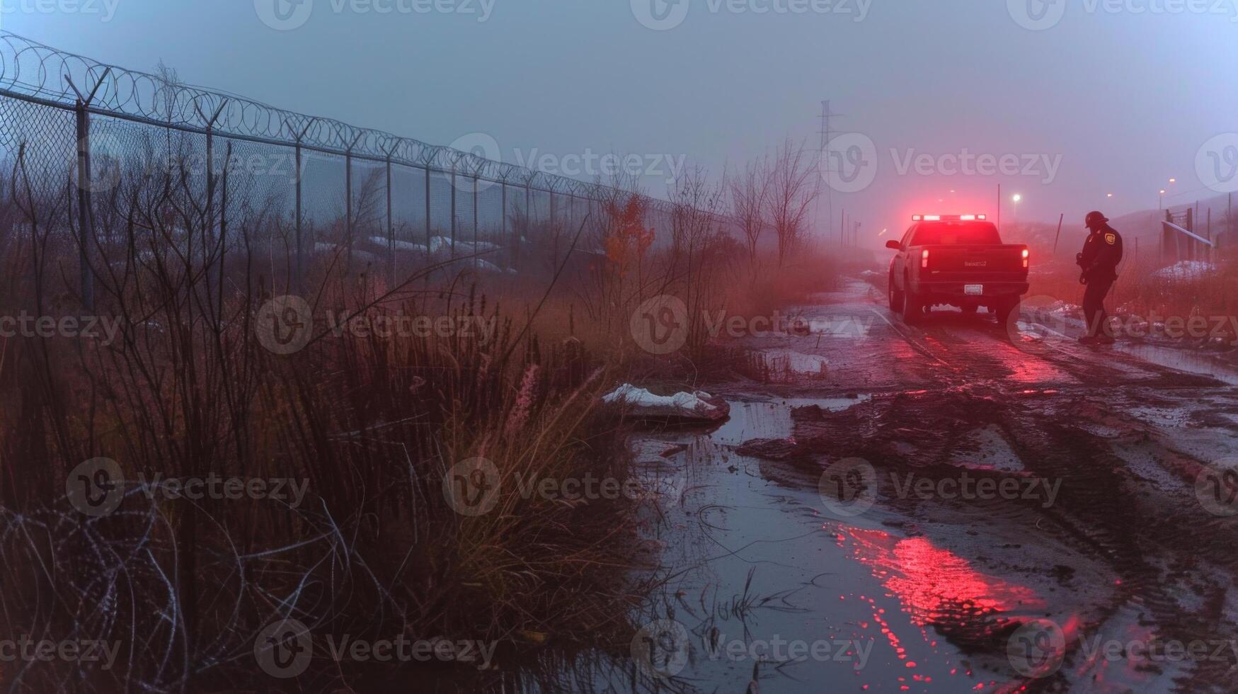 An emergency response team assesses a wet and foggy location, illuminated by red lights from a vehicle parked nearby. The area is surrounded by a chain link fence and overgrown vegetation. photo
