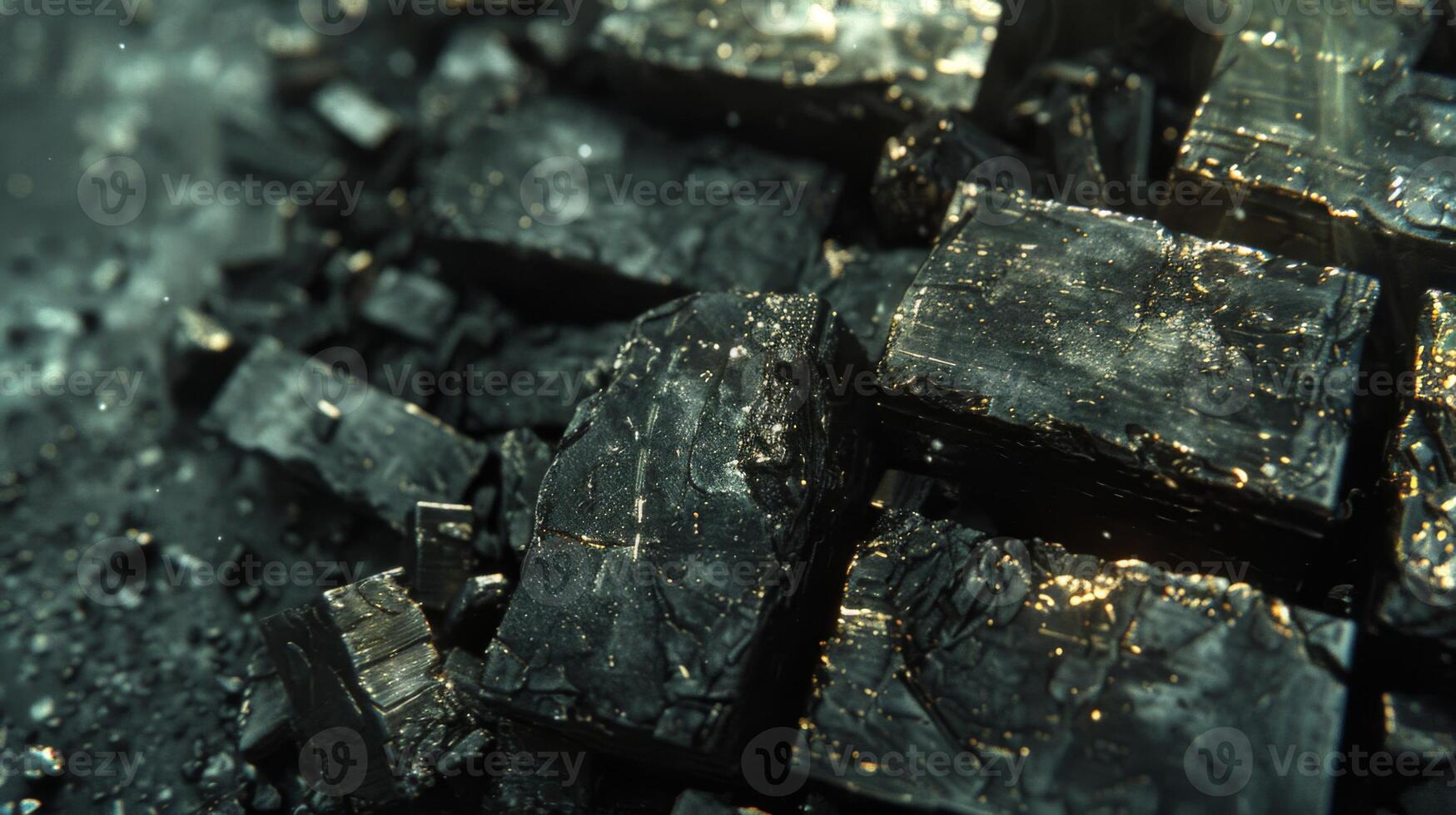 Close up view of shiny black mineral crystals scattered on a dark surface, with reflections of light creating intricate patterns in natural daylight, showcasing the beauty of geology. photo