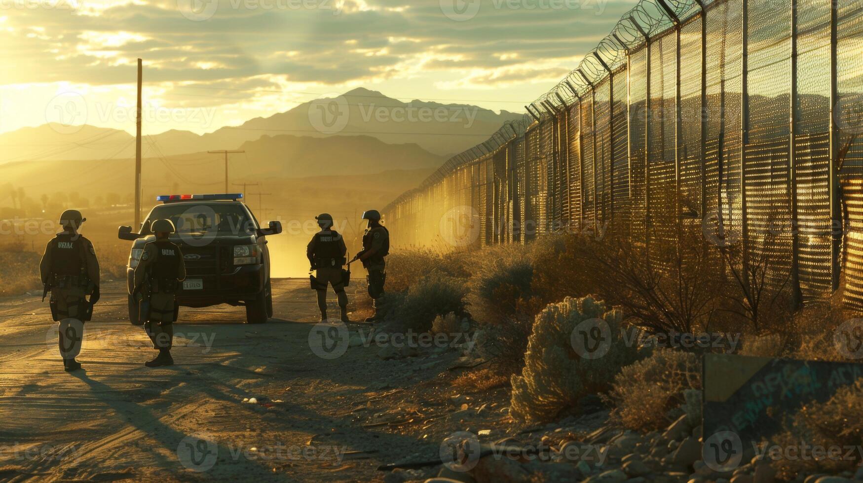 Border patrol agents stand near a fence under a vibrant sunset sky, observing the area as a truck is parked nearby, highlighting the security efforts along the border. photo