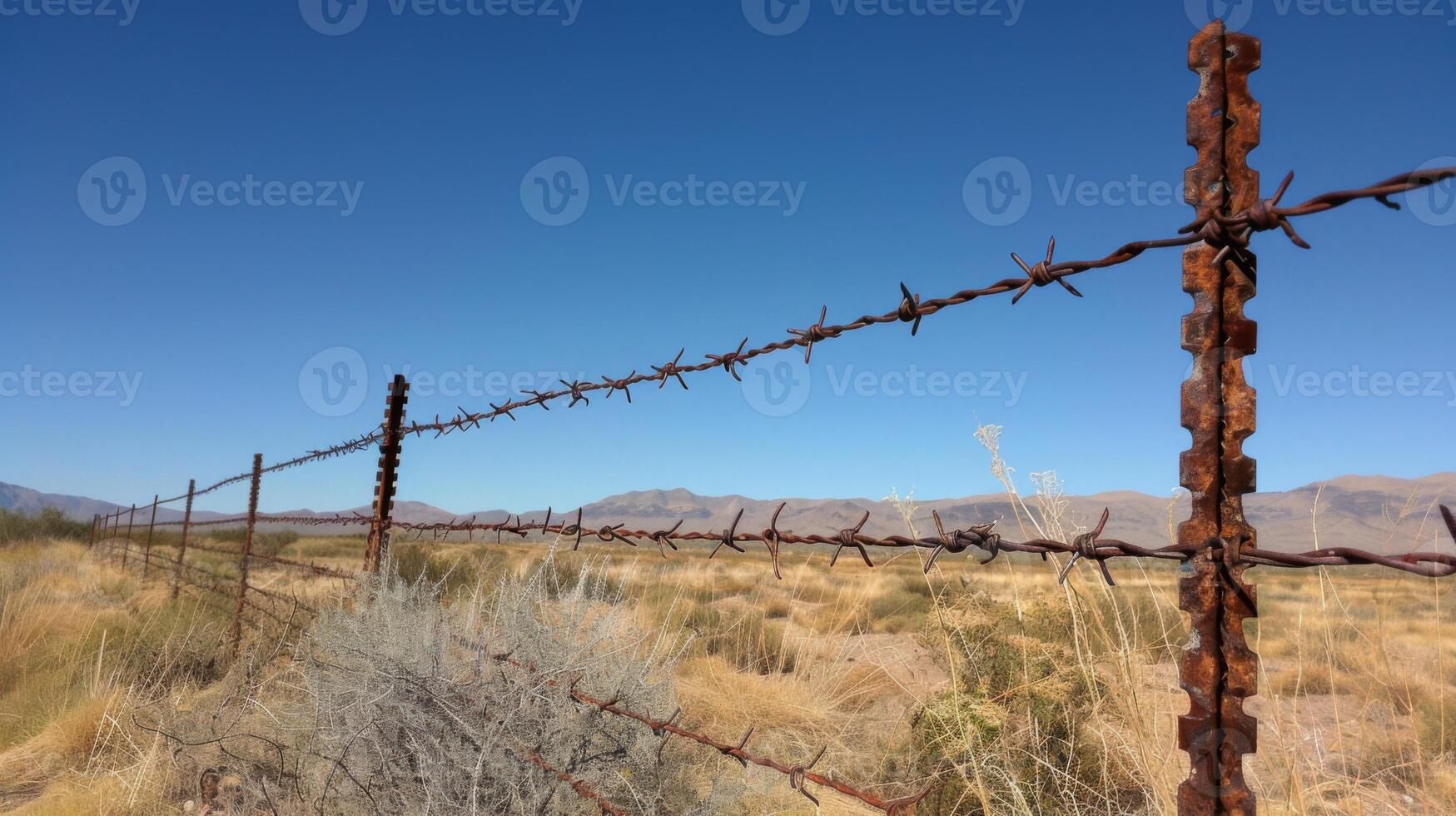 A weathered barbed wire fence runs along a vast, arid landscape, surrounded by dry grass and distant mountains under a bright, cloudless sky. photo
