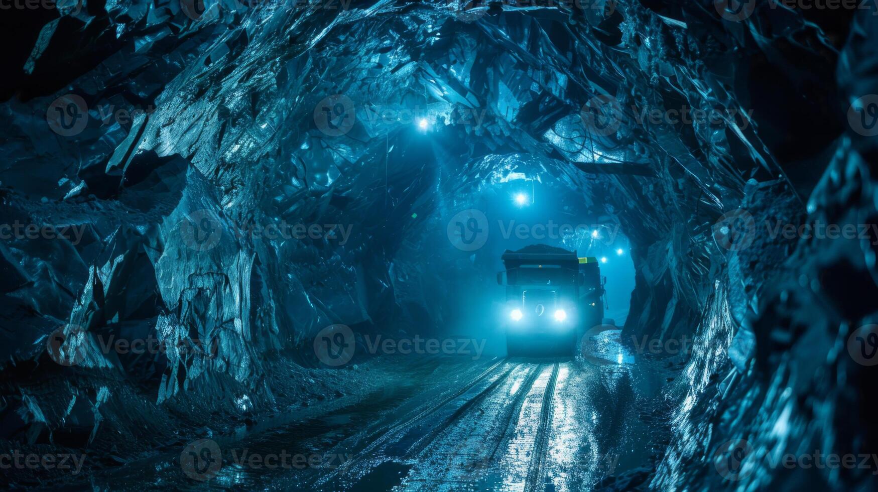 Heavy machinery moves through a vast underground mine illuminated by bright lights, revealing intricate rock formations and creating a dramatic atmosphere in a remote location. photo