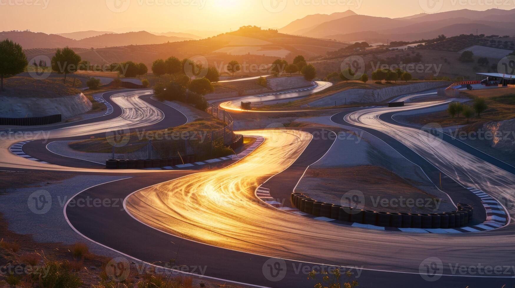 A winding race track carved into hills reflects golden sunlight at sunset while surrounded by lush trees and distant mountains, creating a picturesque view. photo