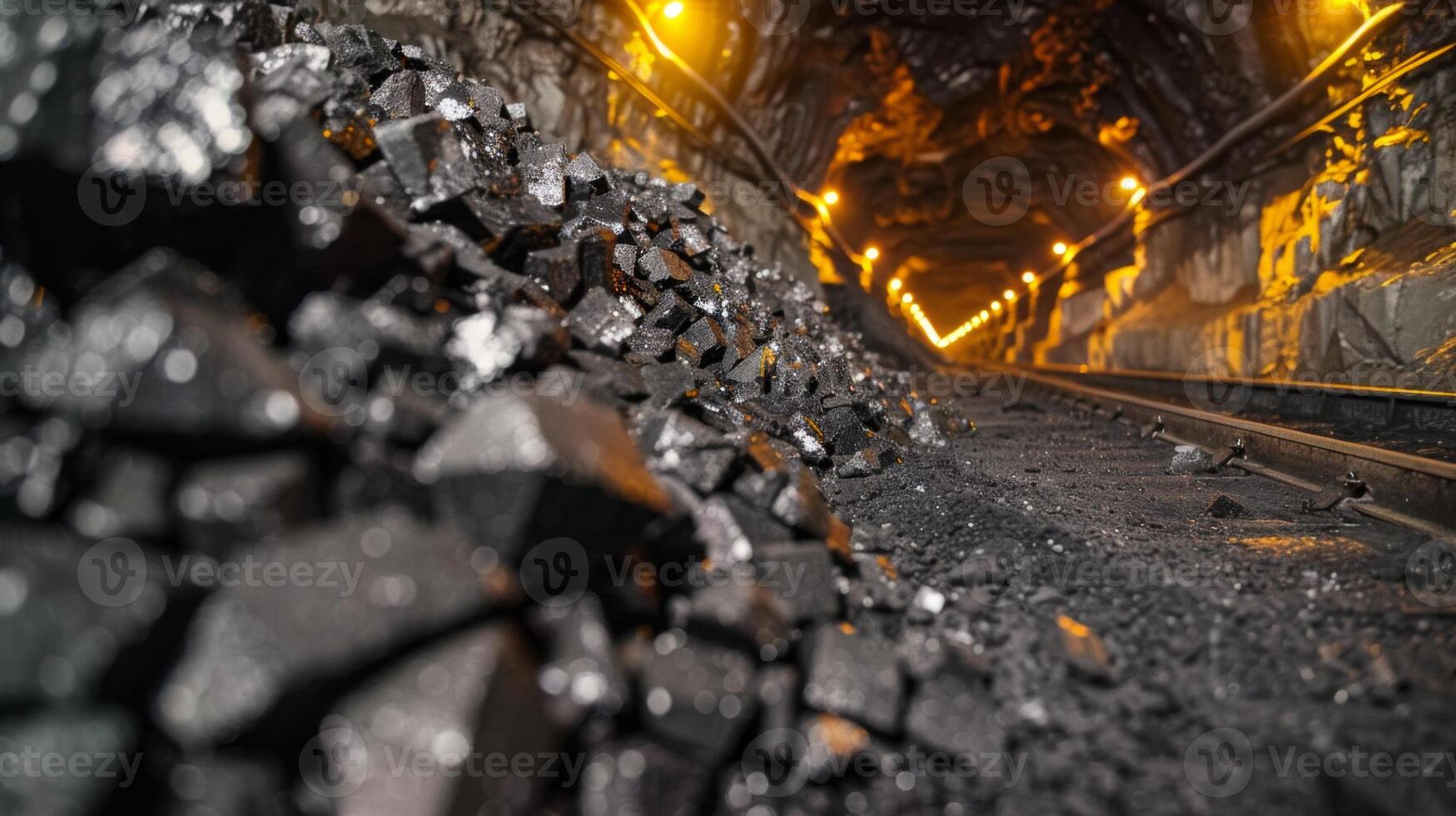 A view down a coal mining tunnel featuring piles of coal on the ground and illuminated by bright orange lights, showcasing the industrial environment and atmosphere of coal extraction. photo