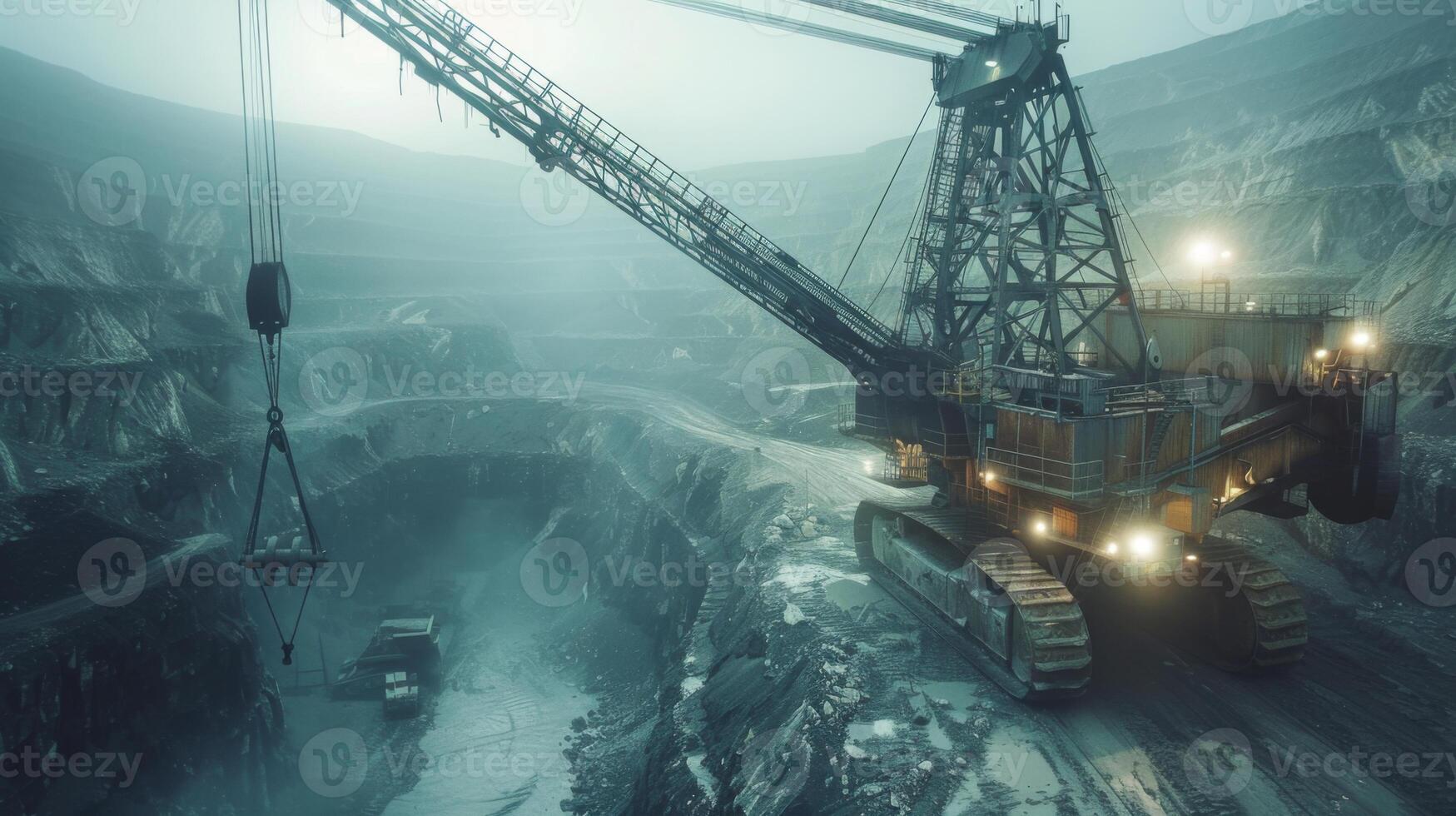 Heavy machinery operates in a coal mine under low visibility conditions. The excavator moves earth while a dump truck waits nearby, showcasing industrial work in a challenging environment. photo