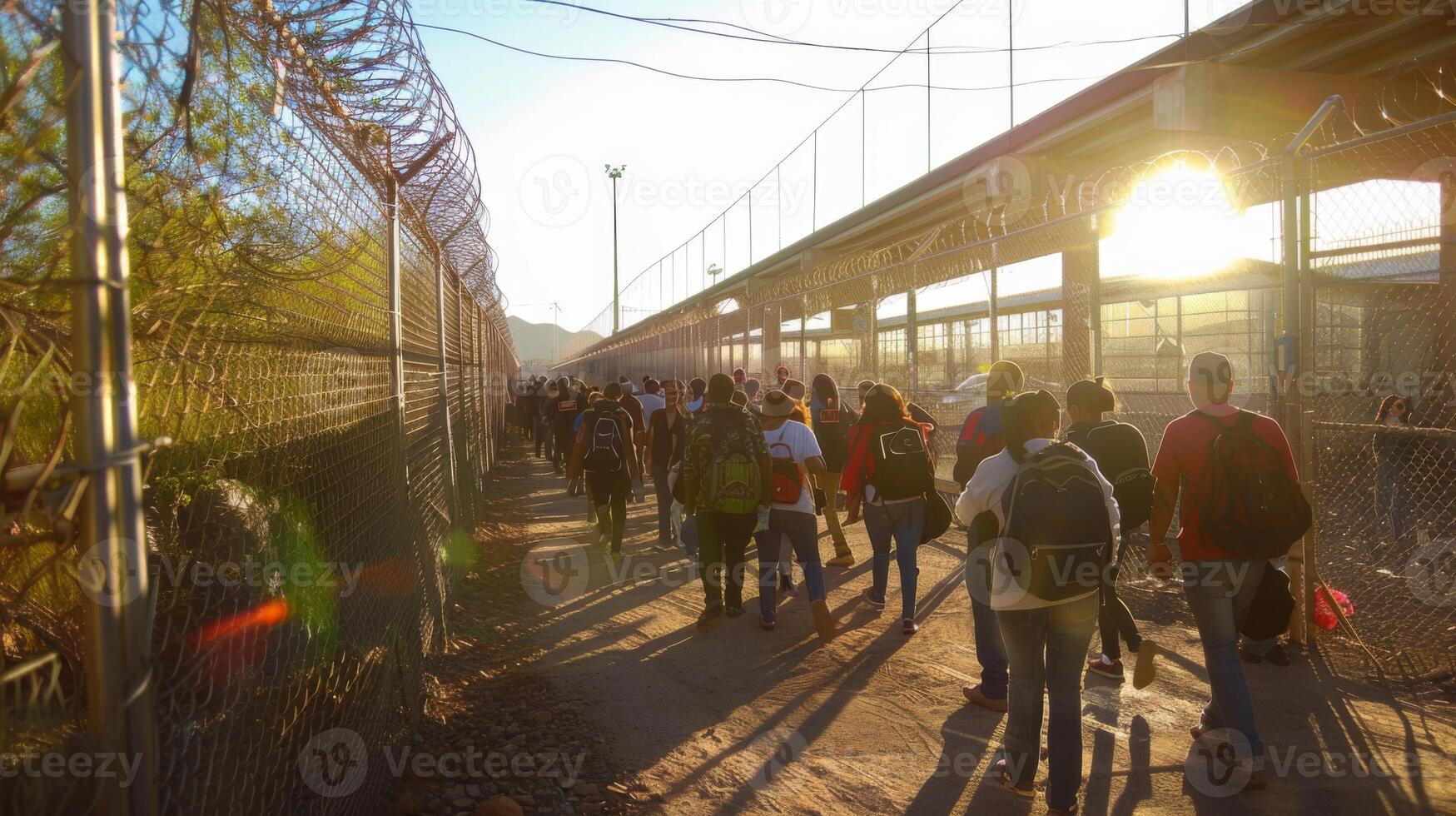 Groups of people are walking along a fenced pathway at the border during sunset, with warm golden sunlight casting long shadows and creating a hopeful atmosphere as they move forward. photo