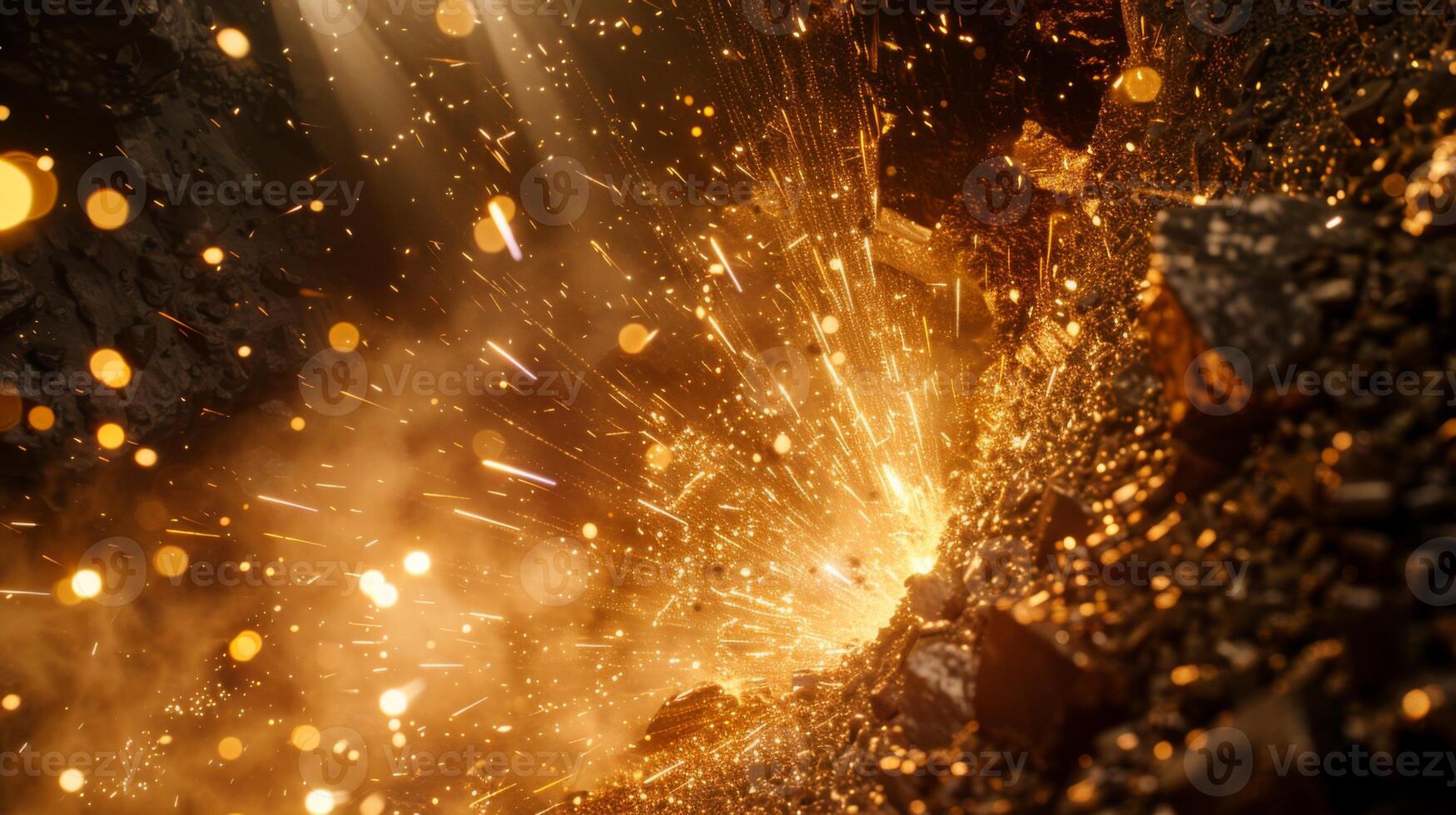A powerful explosion sends golden sparks and dust into the air at a mining site, capturing the intensity of the moment under bright sunlight. The scene illustrates the energy of gold extraction. photo