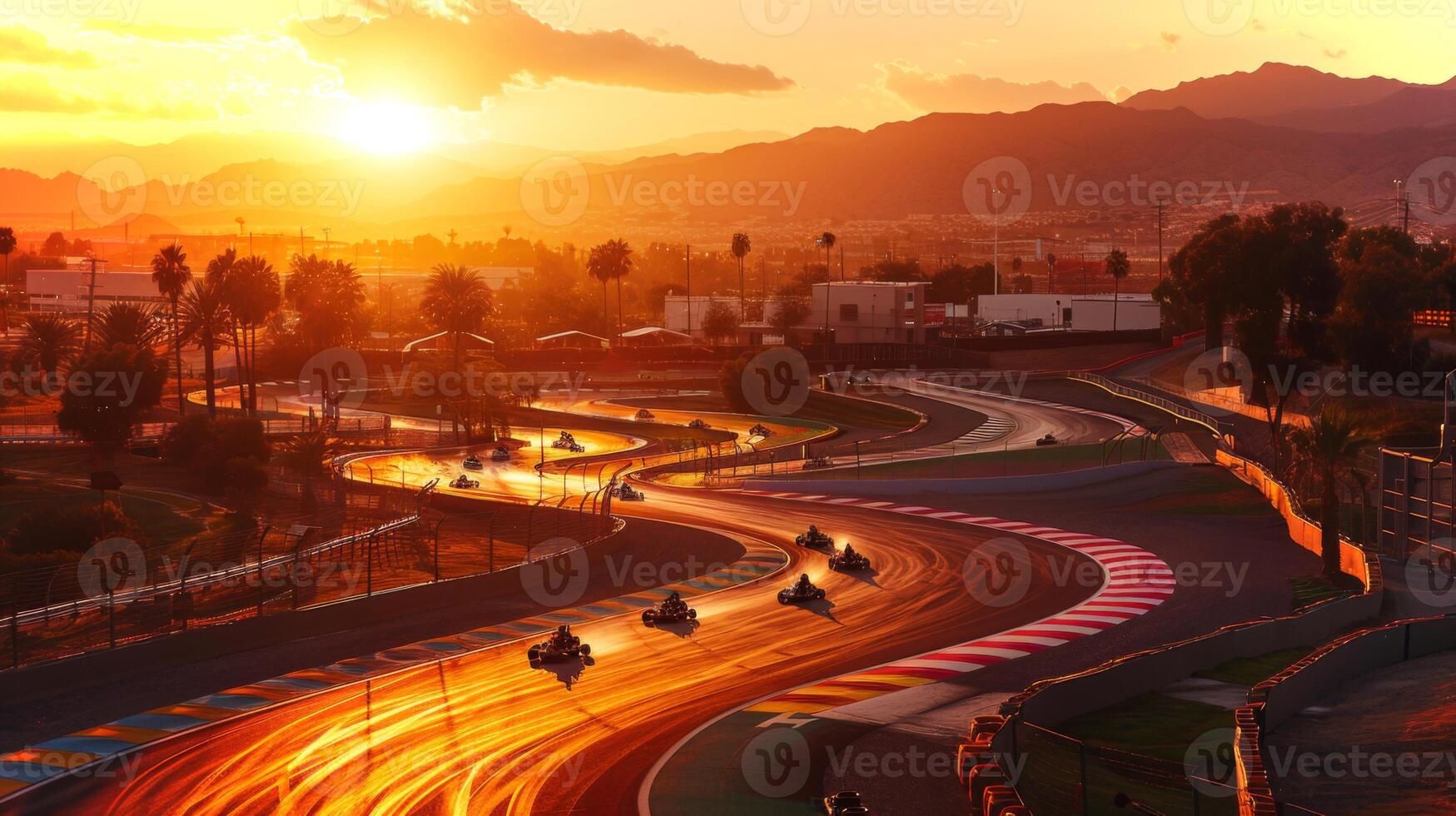 Go karts navigate the twisting track at sunset, with a beautiful sky casting warm colors over the landscape and palm trees lining the circuit. photo